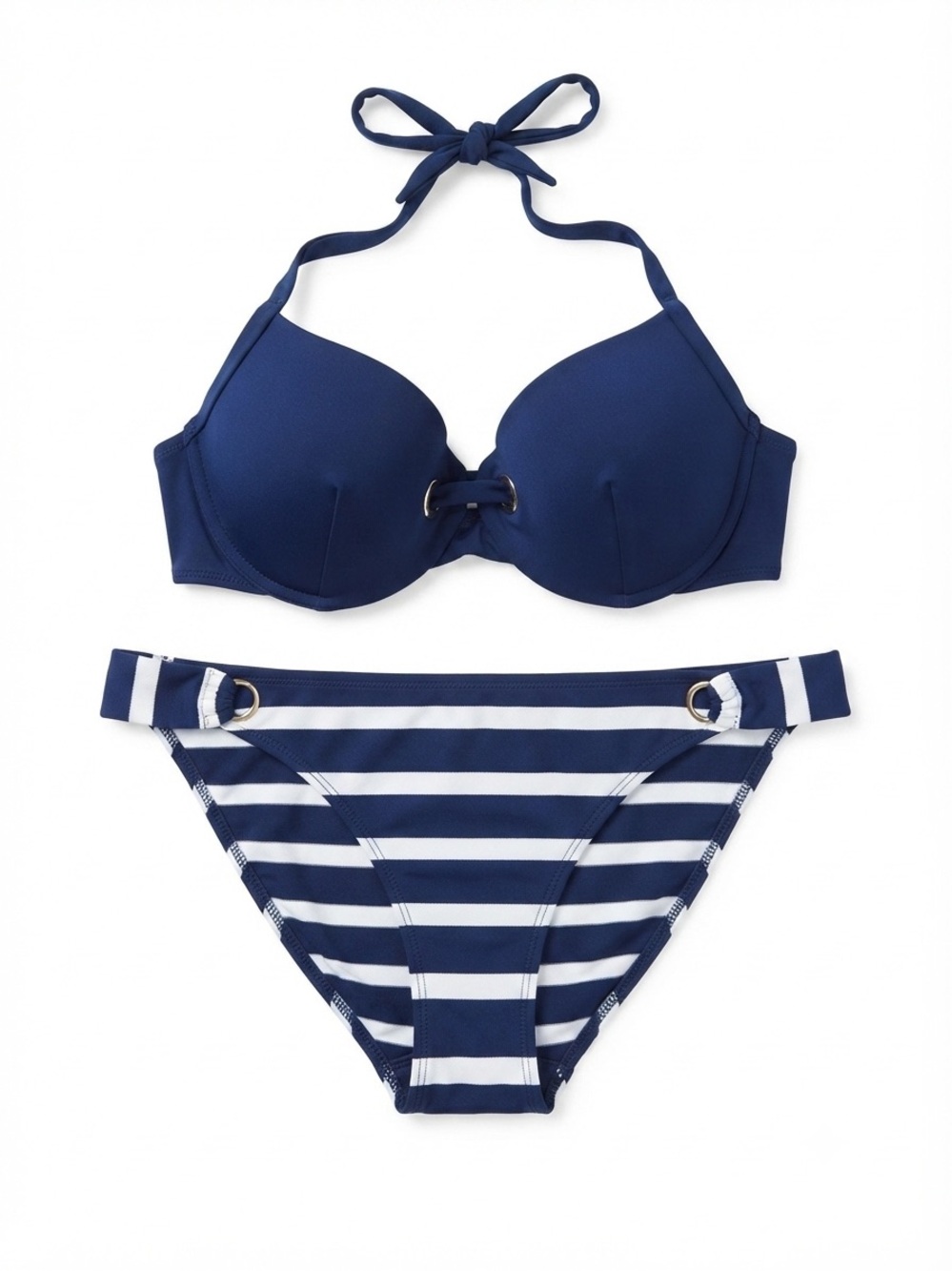 Navy & White Striped Halter Bikini - Women Swim